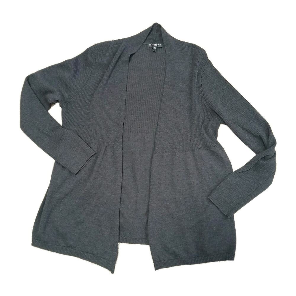 Eileen Fisher Petite PL Charcoal Gray Open Front Cardigan 100% Wool Italian Yarn
